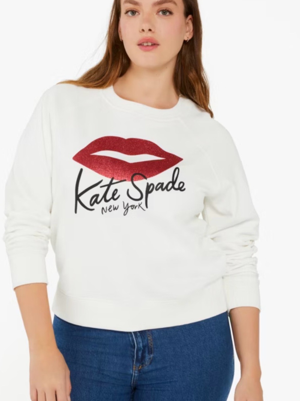 kate spade White Sweatshirt with Red Lip Graphic and Black Logo